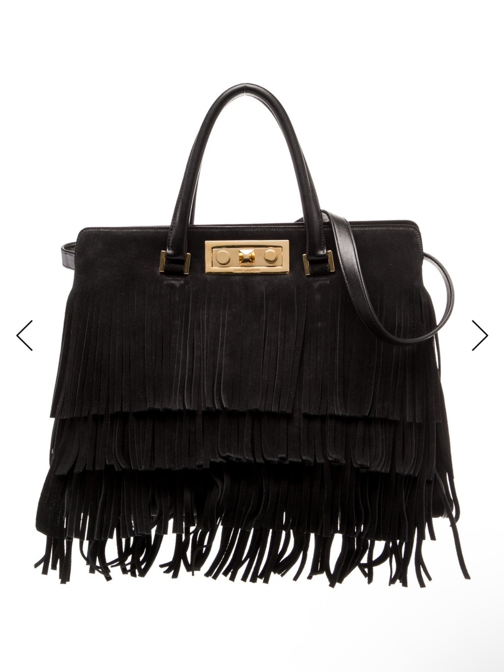 Yves Saint Laurent Black Suede Fringe Satchel with Gold Hardware